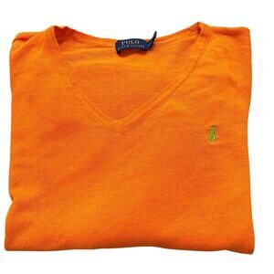 Polo Ralph Lauren Linen Cotton Bright Orange V Neck Sweater Women's Large Slim